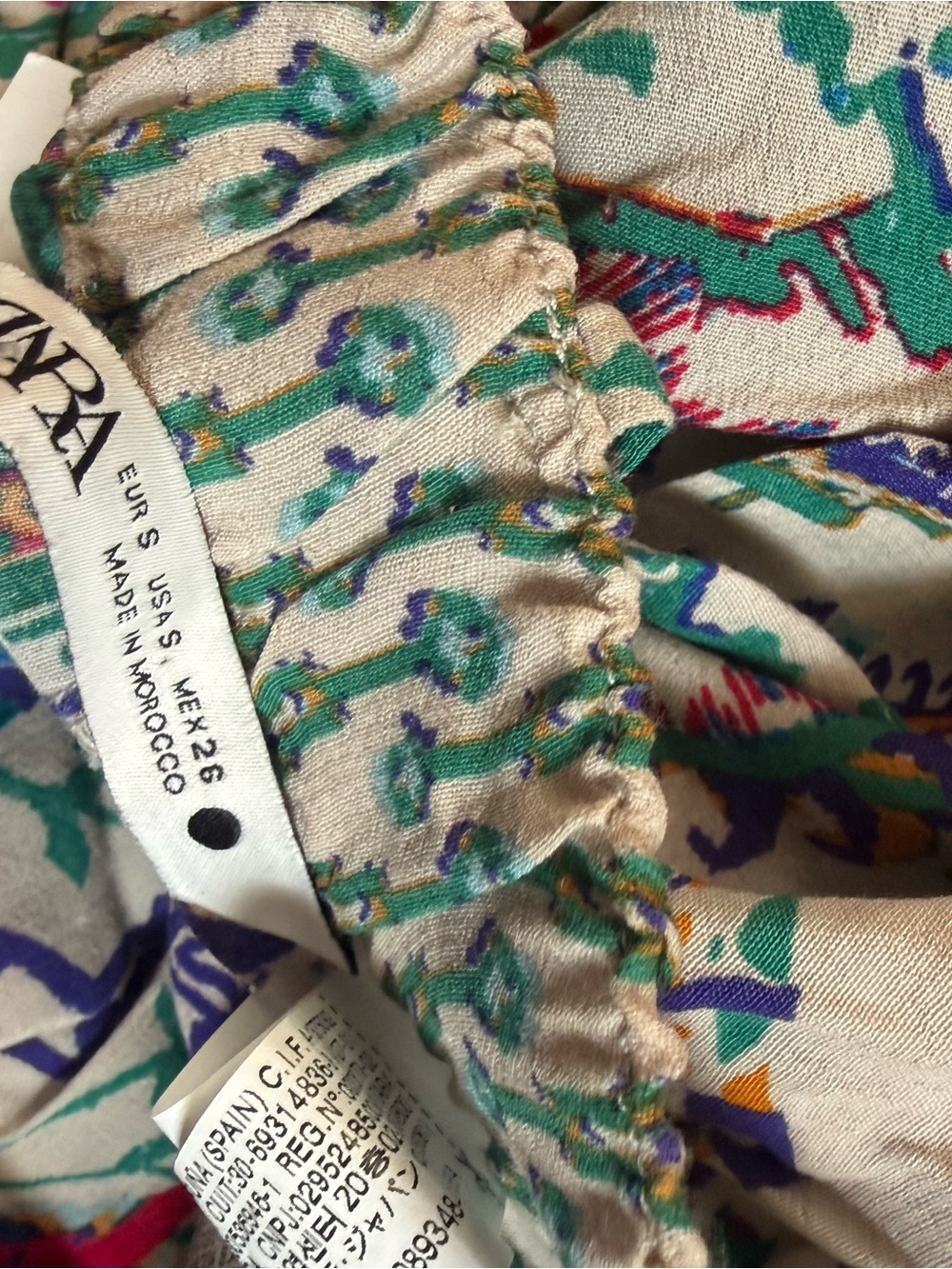 Zara Cream Blouse with Green, Purple & Orange Print